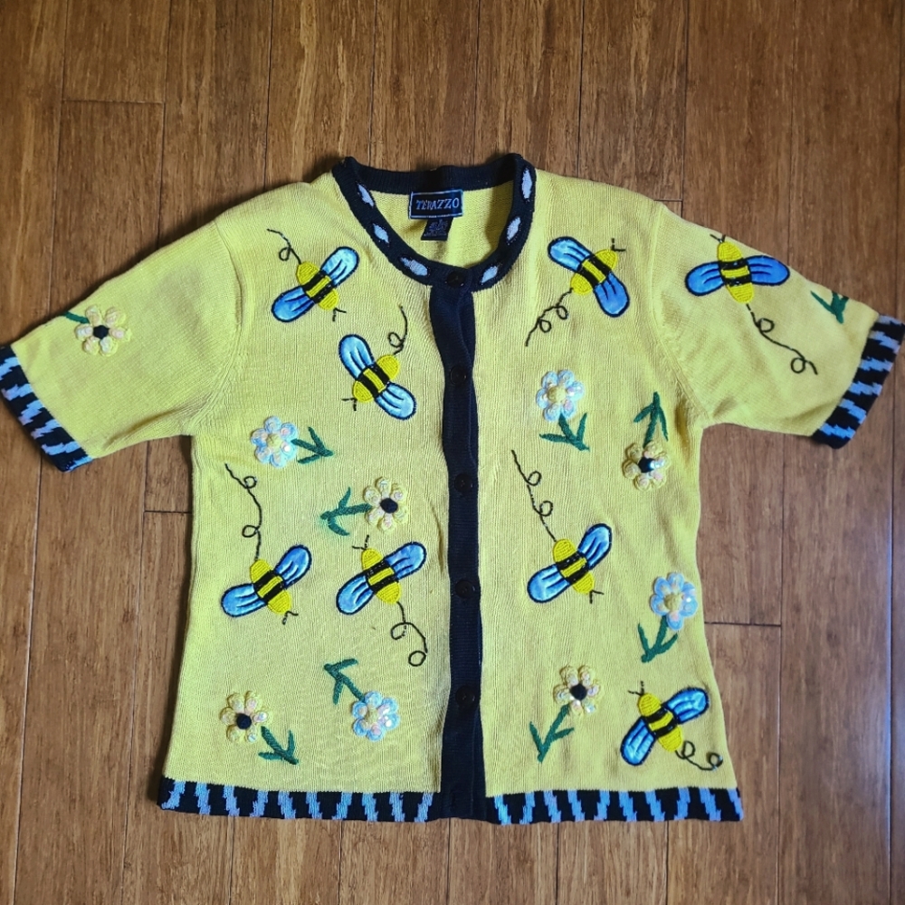TERAZZO Yellow & Black Beaded & Sequin Honey Bee Cardigan Sweater Women’s Small